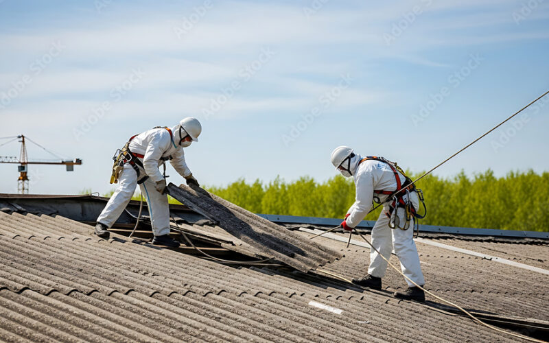 Rückbau von Wellplatten – Stock-Vorschau Zwei Arbeiter in Schutzkleidung beim Rückbau von Wellplatten auf einem Dach