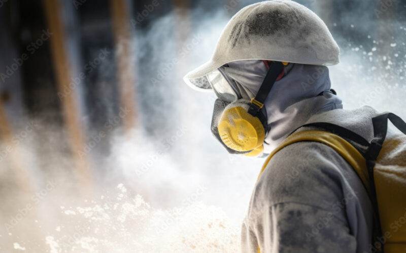 Arbeiter mit Atemschutz – Stock-Vorschau Arbeiter mit Helm und Atemschutz in einer staubigen Arbeitsumgebung