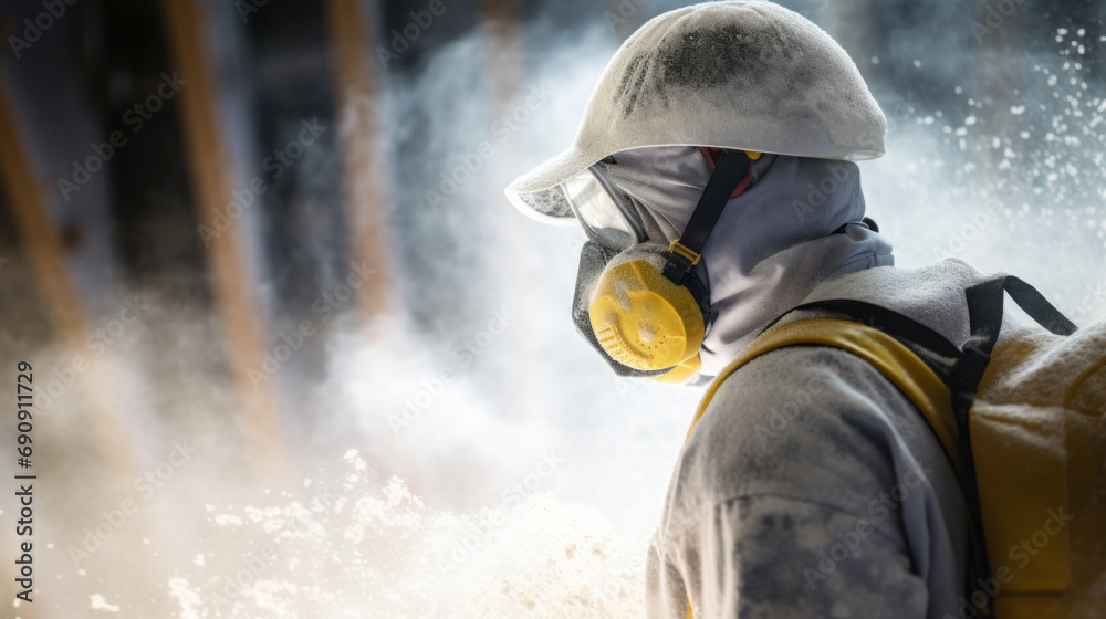 Arbeiter mit Helm und Atemschutz in einer staubigen Arbeitsumgebung