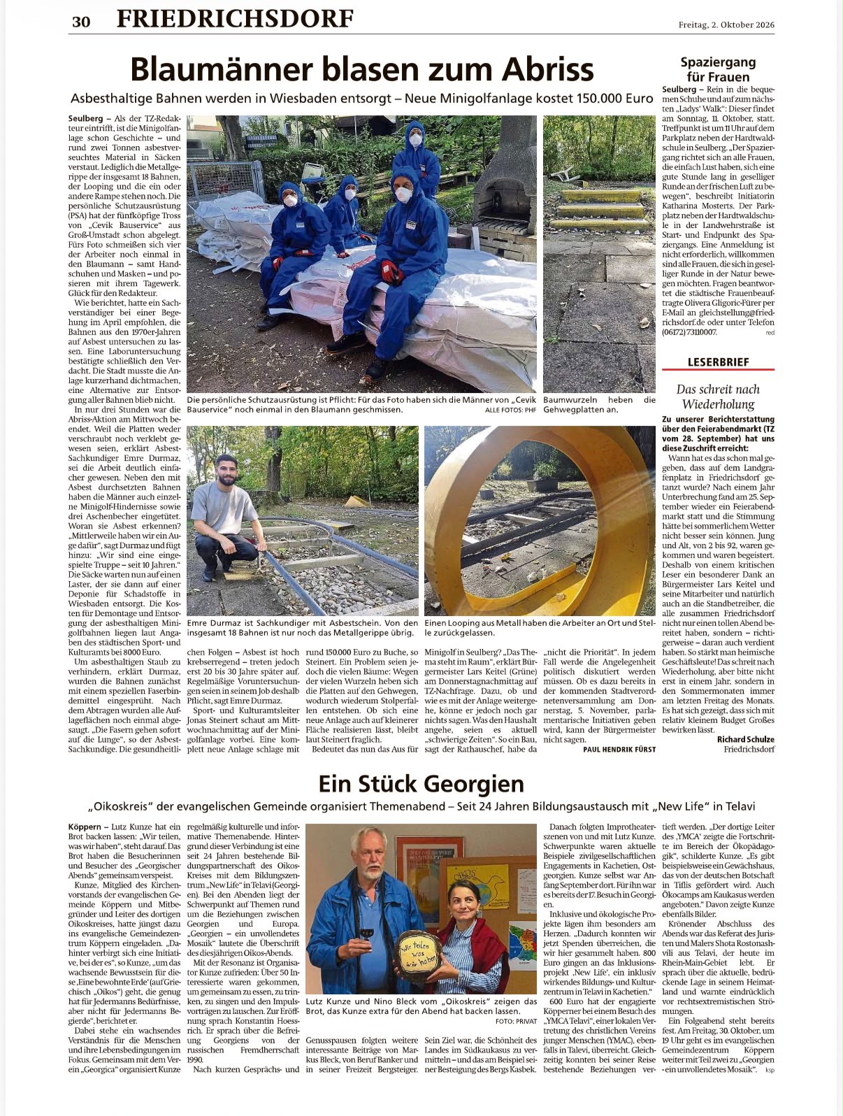 Zeitungsausschnitt vom 2. Oktober 2026 zum Asbestrückbau der Minigolfanlage in Seulberg durch Cevik Bauservice